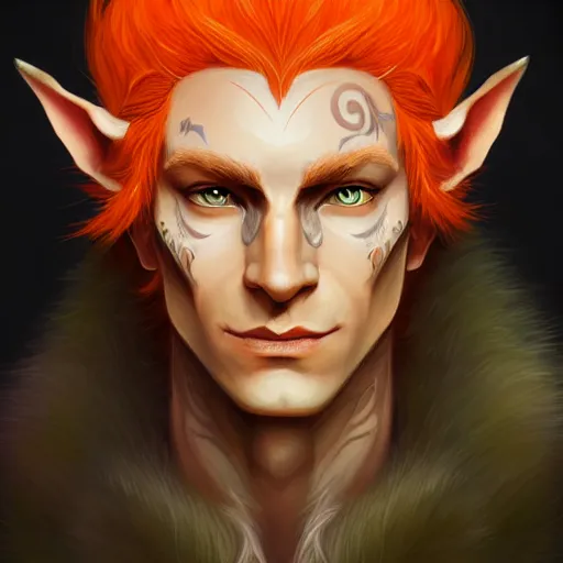 Prompt: portrait painting of an elven eladrin young man with light orange hair and tribal tattoos in his cheekbones wearing fur armor, d & d, rpg, sharp focus, award - winning, trending on artstation, masterpiece, highly detailed, intricate. art by josan gonzales and moebius and deathburger