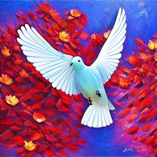 Prompt: a dove flying and leaving a trail of flowers, oil painting, hyper realistic, highly detailed, coherent, vibrant colors, smooth,