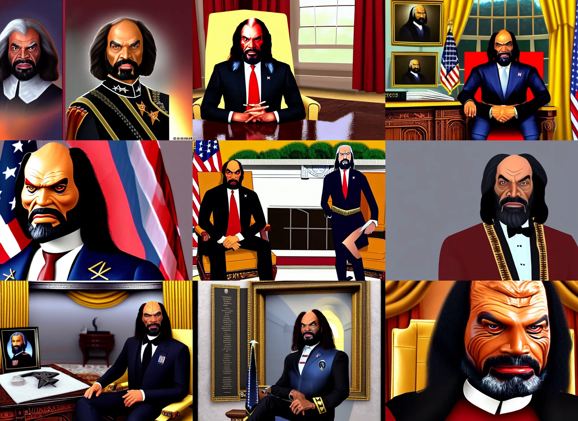 Prompt: ( ( photo portrait ) ) of the klingon worf as president of the united states ( ( wearing a suit and tie ) ), 2 0 2 4 in the oval office interior, klingon weapons decorating the walls, realism, moody,, detailed, skin tinted a warm tone, ( ( realistic ) ), detailed