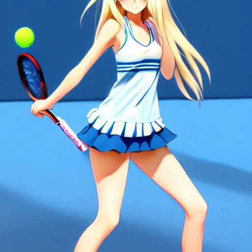 Image similar to a very beautiful young anime tennis girl, long blond hair, full body, ( sky blue eyes ), ( full round face ), short smile, bikini, miniskirt, highly detailed, cinematic wallpaper by stanley artgerm lau