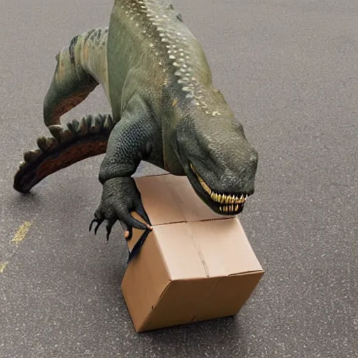 Prompt: Fisheve view of dinosaur stealing packages