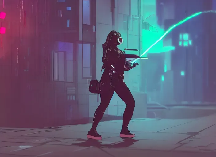 Prompt: g girl firing a laser gun, animatic, high quality, cyberpunk