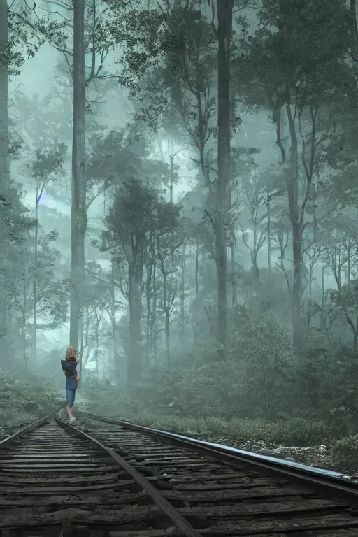 Image similar to Girl standing on the left at the old train station looking forward to the train, old train heading to station with lights on, dense creepy forest with a lot of detail, the tracks covered with vegetation, 50mm photo, highly detailed, hyper realistic, matte painting, 4k, 8k resolution, trending on artstation, octane render, unreal engine, cinematic