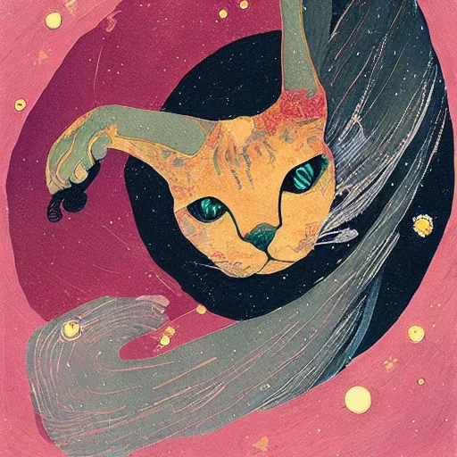 Prompt: cat floating in space , a mix media painting by Victo Ngai and Leonardo da Vinci and Natalia Goncharova