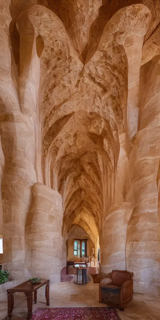 Prompt: inside organic home made of carved sandstone. tall vaults, thin columns. very tall living room and kitchen. architectural photography. coronarender, 4 k, 8 k. volumetric lighting.