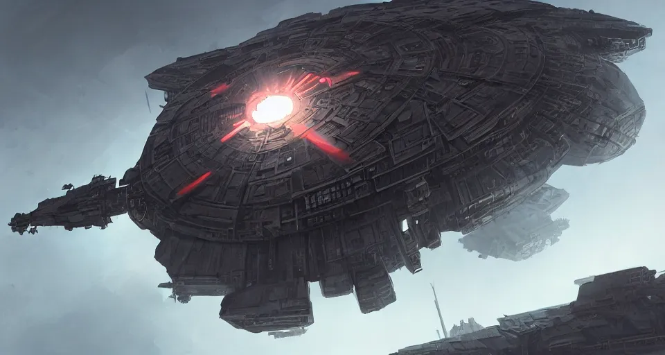 Image similar to a highly detailed epic cinematic concept art CG render digital painting artwork: symmetrical Soviet dieselpunk Millenium Falcon in empty darkness of space. By Greg Rutkowski, Ilya Kuvshinov, WLOP, Stanley Artgerm Lau, Ruan Jia and Fenghua Zhong, trending on ArtStation, subtle muted cinematic colors, made in Maya, Blender and Photoshop, octane render, excellent composition, cinematic atmosphere, dynamic dramatic cinematic lighting, precise correct anatomy, aesthetic, very inspirational, arthouse