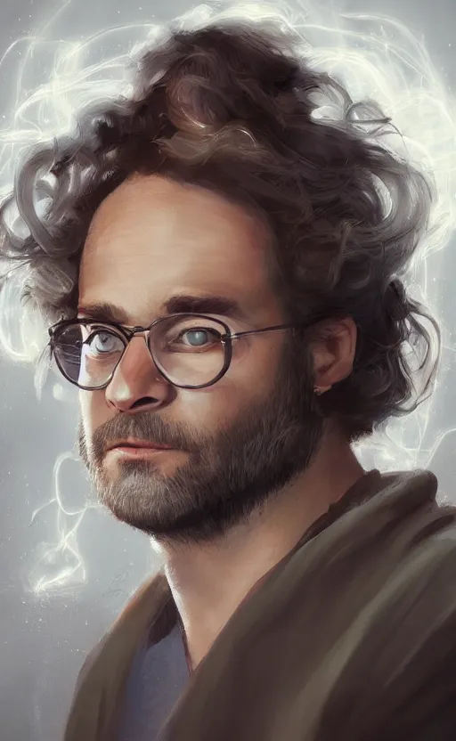 Image similar to george costanza with wild hair and bright eyes. he's wearing a flowing bathrobe made of light, airy fabric and he has a mischievous look on his face, dynamic lighting, photorealistic fantasy concept art, trending on art station, stunning visuals, creative, cinematic, ultra detailed