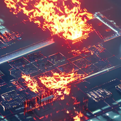 Image similar to the last microcontroller on earth, burning in the fires of global warming, dynamic lighting, cinematic composition, 8 k, intricate, hyperrealistic, trending on artstation