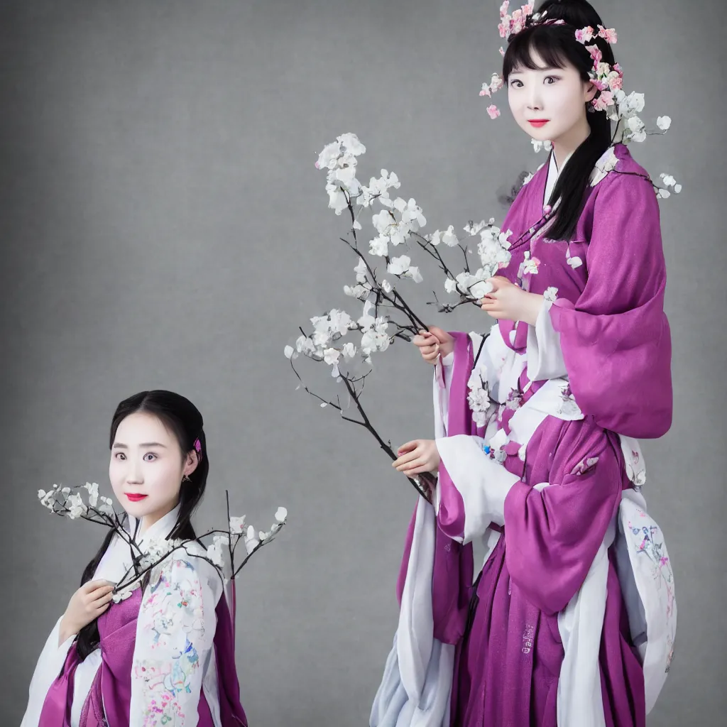 Image similar to chinese girl, cute face, hanfu, 8 k, hd, futurism, studio lighting