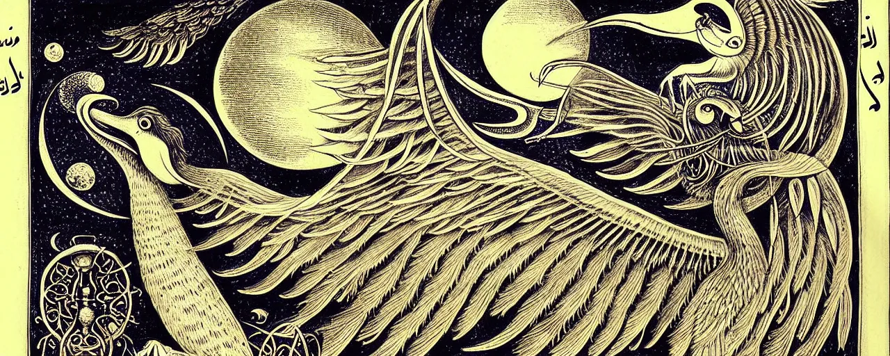 Image similar to a simorgh sings a unique canto'as above so below'to the moon, while being ignited by the spirit of haeckel and robert fludd, breakthrough is iminent, glory be to the magic within, in honor of saturn, painted by ronny khalil