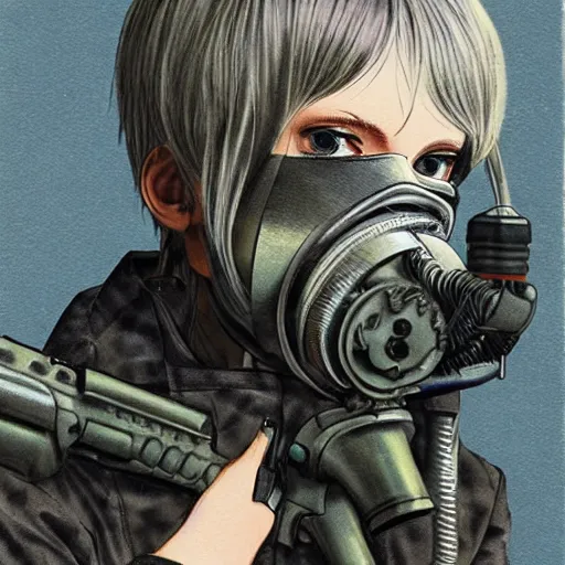 Prompt: girl silver hair, multicam, gas mask, illustration by Takehiko Inoue, portrait