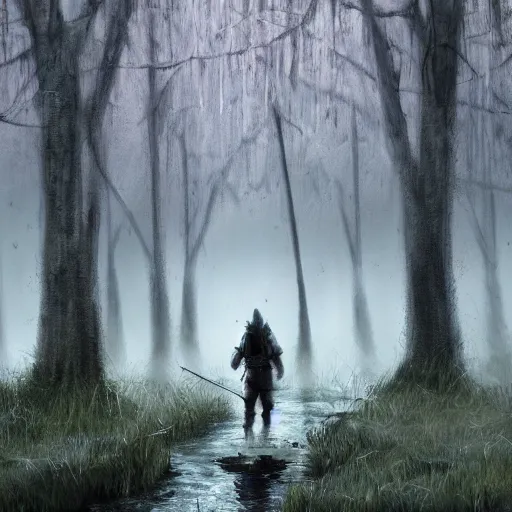 Image similar to concept art of a ragged looking knight walking through a swamp, foggy, weeping trees, torch in hand, high detail, trending on artstation, masterpiece, fantasy, high resolution, focus