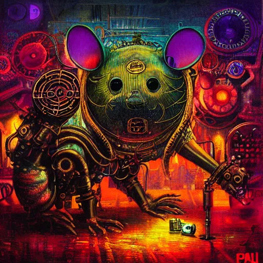 Image similar to steampunk rat, acid, 303, psychedelic, by paul lehr, cd cover for techno artist