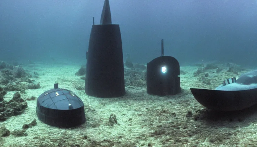 Image similar to Big budget horror movie, underwater exterior wide shot, a submarine approaches an underwater biolab