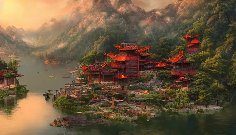 Image similar to chinese village built around a lake with forest at the foot of green gigntic mountains at sunset, fireplace, hyperdetailed, artstation, cgsociety, 8 k