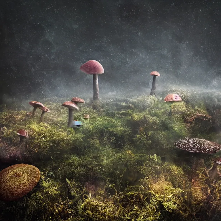 Prompt: a planet of various fungus, mushrooms and plants, inside the picture is infinity, Atmospheric phenomenon, artistic photography, muted colors, conceptual, long exposure outside the city, volumetric light