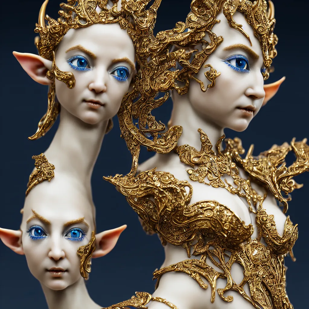 Prompt: a closeup photo - real delicate ceramic porcelain sculpture of an ornate detailed elf in front of an intricate background by rafael, micro detail, backlit lighting, subsurface scattering, translucent, thin porcelain, octane renderer, black and blue and gold jewelry, physically based rendering, trending on cgsociety