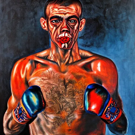 Image similar to macabre disgusting magic realism portrait of boxer painted by ivan albright