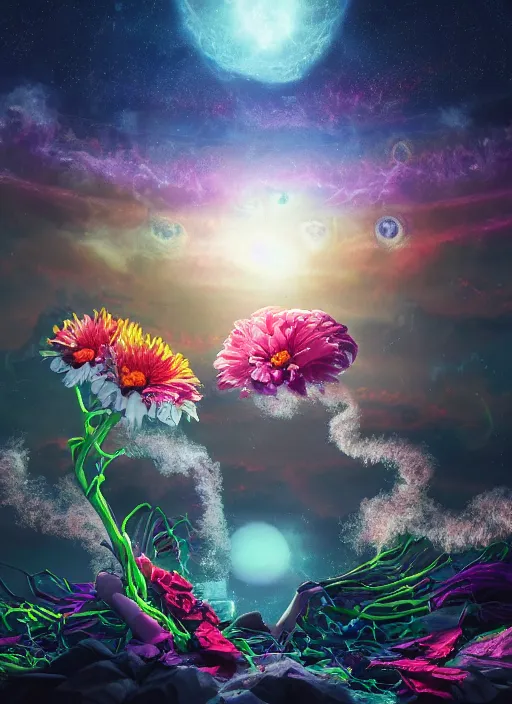 Image similar to An epic fantastic realism comic book style painting of the most beautiful entwined flowers launched across the dark galactic night sky, nebulous bouquets, fisheye lens, unreal 5, DAZ, hyperrealistic, octane render, dynamic lighting