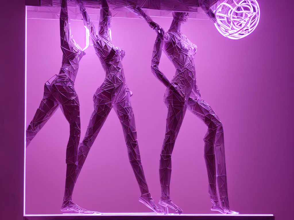 Image similar to beautiful mannequin sculpted out of amethyst by billelis + lit with geometric neon + iridescent geometric cubed bonsai plants!!!!, doorway opening with neon pink geometric light, clean linework, dramatic, finely detailed, rule of thirds, moody, award winning, 4 k, trending on artstation, photorealistic, volumetric lighting, octane render