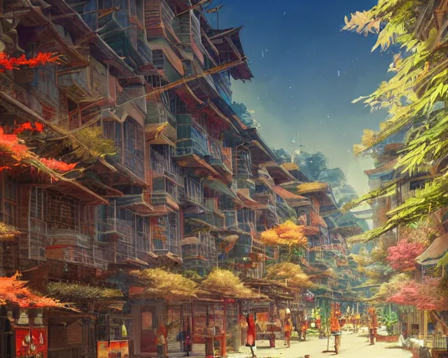 Prompt: street-level view of a great, colorful kitsune city, bamboo, flowers, anime, fox people, a fantasy digital painting by Greg Rutkowski and James Gurney, trending on Artstation, highly detailed