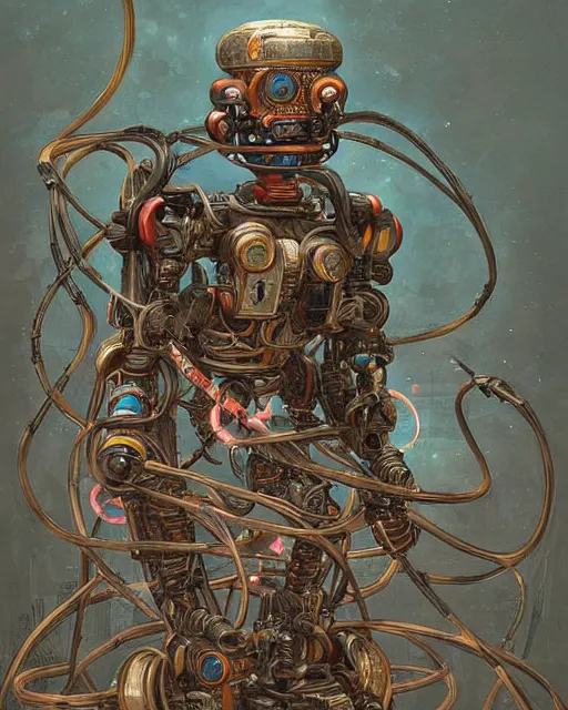 Prompt: Kuniyoshi portrait of a robot saint made of cables and robotic pod by peter mohrbacher