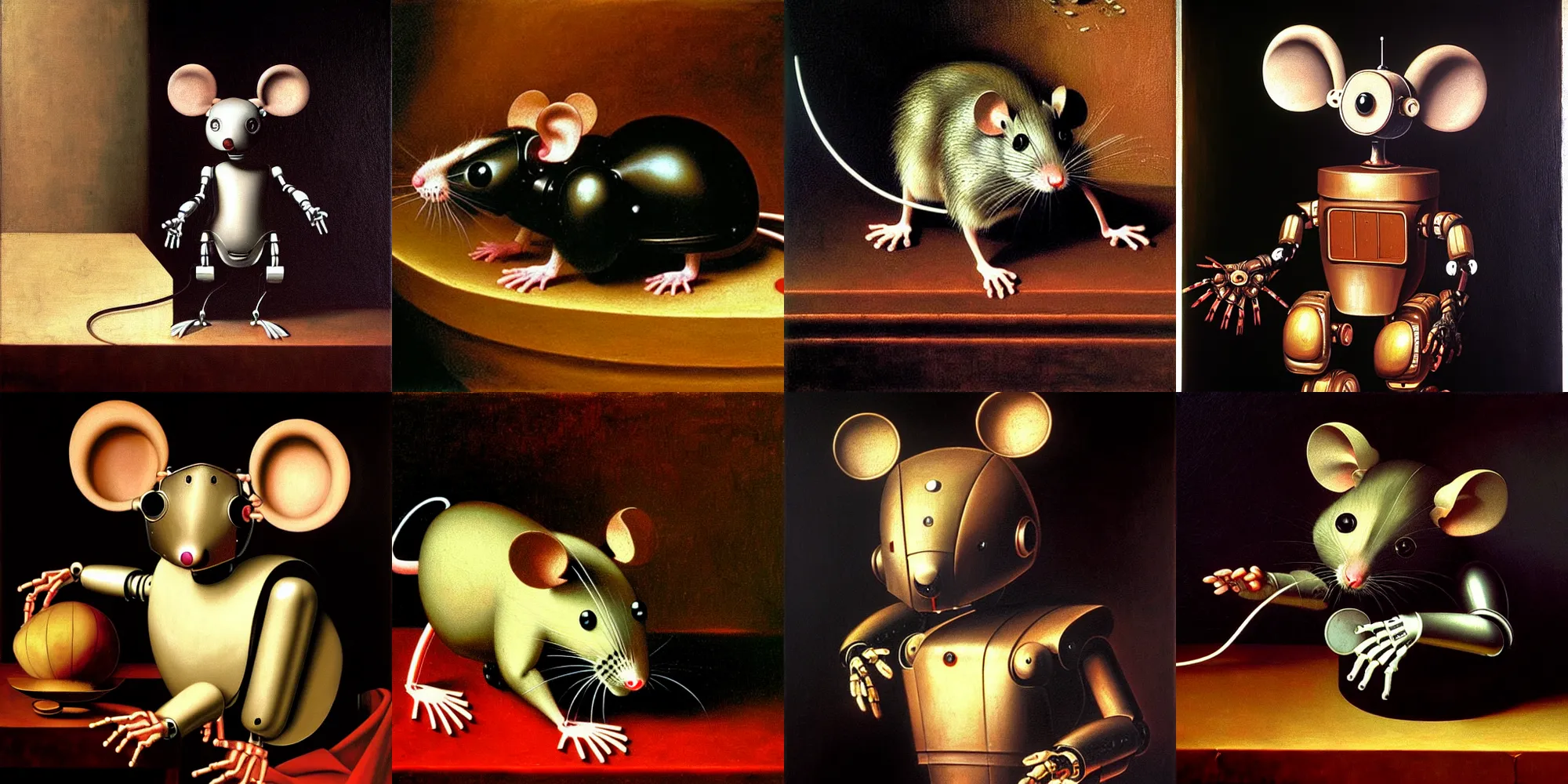 Prompt: a robot mouse, oil painting by caravaggio, renaissance art, oil on canvas, wet - on - wet technique, realistic, intricate textures, matte fantasy painting