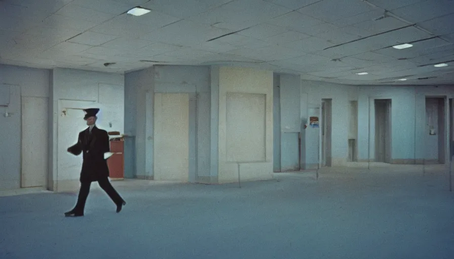 Prompt: 60s movie still of a sovietic stalinist style empty light blue parliement, cinestill 800t 50mm eastmancolor, liminal Space style, heavy grain-s 150