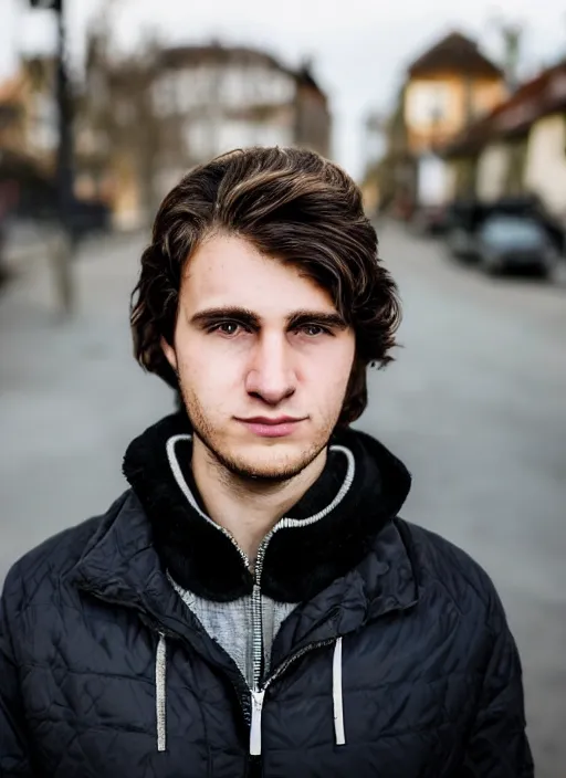 Prompt: a personal close up portrait of a 2 3 year old man from switzerland, his hair is brown and short, his eyes are green, his face is symmetric and friendly, he's proud to be where he is in life, black jacket, ambient light, beautiful composition, magazine photography, full frame, 5 0 mm, f 1. 8