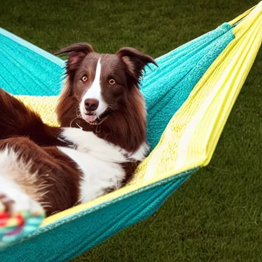 Prompt: brown border collie relaxing in a hammock, drinking hot chocolate