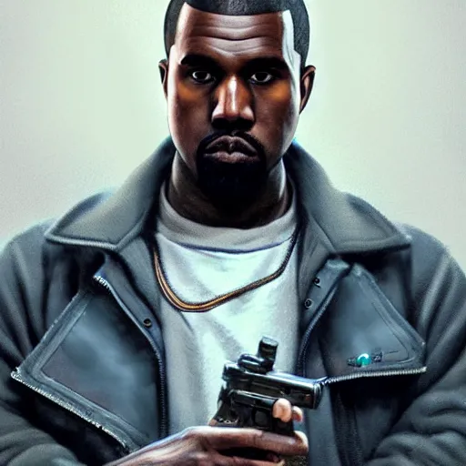 Image similar to highly detailed portrait kanye west holding pistol! gta v stephen bliss unreal engine fantasy art by greg rutkowski loish rhads ferdinand knab makoto shinkai lois van baarle ilya kuvshinov rossdraws tom bagshaw global illumination radiant light detailed intricate environment