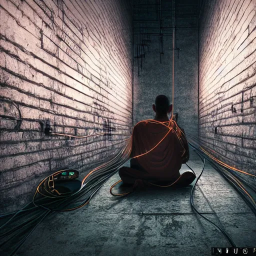 Image similar to A single monk kneeling with wires connecting him to a computer, Nirvana, Machines and wires everywhere, flashing neon lights, creepy, dark shadowy surroundings, dystopian scifi, horror, Stefan Koidl inspired, 4k