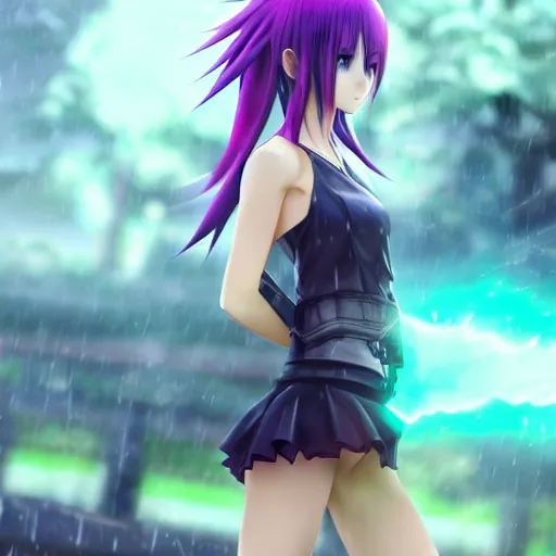 Image similar to beautiful anime girl in the style of final fantasy 7 with purple eyes, wearing a skirt and tanktop, perfect body, standing in the rain, high quality anime art, trending on artstation, 8K octane render, wallpaper