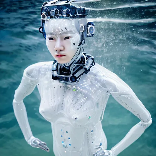 Image similar to beautiful centered fine art photo portrait of hoyeon jung as a solarpunk robotic humanoid treading on water, white mechanical parts with led lights, ultra - detailed and intricate, white background, sun lighting, soft focus, slow exposure hdr 8 k