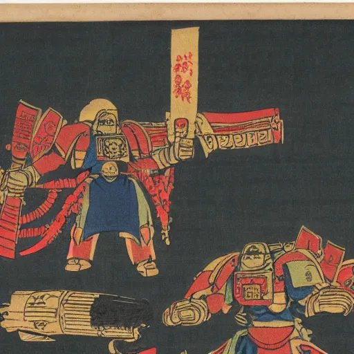 Image similar to late meiji period, colored woodblock print, imperium space marine