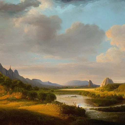 Image similar to a wide angle landscape of a prairie with a very large thin spire mountain in the distance and a wide river running in the middle of the frame with a city upon the river in the style of rococo digital painting