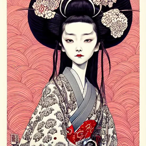 Image similar to beautiful portrait painted in jacek yerka and aykut aydogdu style drawn by vania zouravliov and takato yamamoto, inspired by geisha, intricate acrylic gouache painting, high detail, sharp high detail, artstation, manga and anime