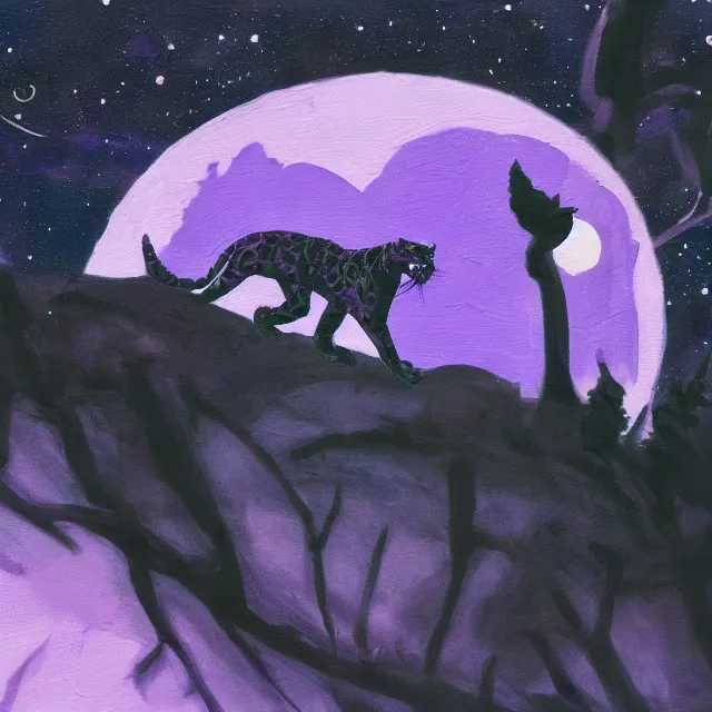 Image similar to closeup of a purple panther roaring at the moon in the forest. night. large moon in the center. cinematic. oil painting. concept art