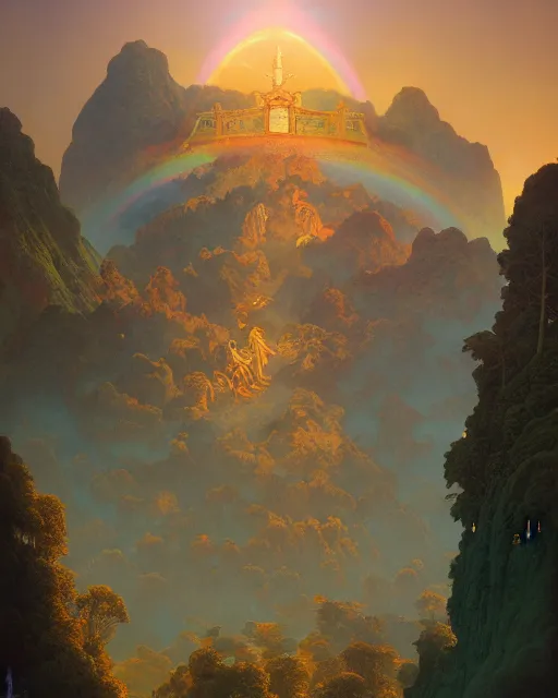 Image similar to magical morning in shangri - la, coherent design, symmetrical, concept art, vivid color, complementary color, golden ratio, detailed, sharp lines, intricate, rainbowshift, by maxfield parrish, by peter mohrbacher, by gustave dore, by alphonse mucha, deviantart, octane render