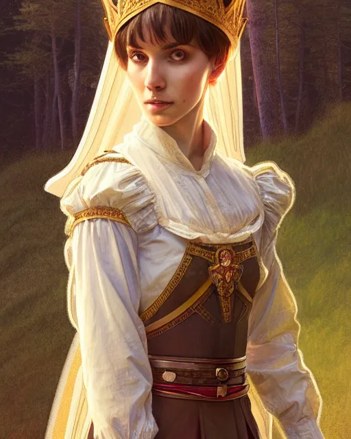 Image similar to symmetry portrait of welsh brunette princess in mans tunic, tomboy, short hair, forest, intricate, elegant, highly detailed, digital painting, artstation, concept art, smooth, sharp focus, illustration, art by artgerm and greg rutkowski and fra angelico and alphons mucha