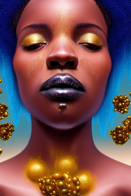 Prompt: hyperrealistic precisionist cinematic profile very expressive! black oshun goddess, in water! up to shoulders, mirror dripping droplet!, gold flowers, highly detailed face, digital art masterpiece, smooth eric zener cam de leon, dramatic pearlescent turquoise light on one side, low angle hd 8 k, tilt shift