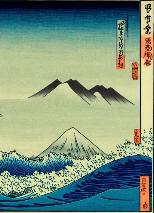 Image similar to a painting of waves in the ocean with mountains in the background, a woodcut by utagawa hiroshige ii, pixiv, ukiyo e, ukiyo e, vaporwave, woodcut