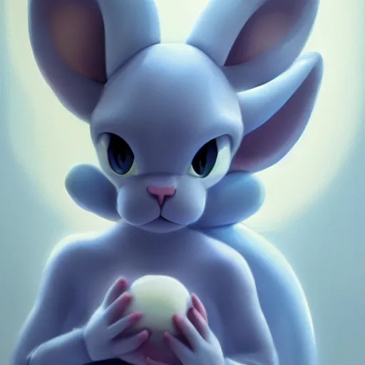 Prompt: cinematic portrait of cute Mew Mewtwo holding onto large blue bubble, oil on canvas, masterpiece, trending on artstation, featured on pixiv, cinematic composition, dramatic pose, beautiful lighting, sharp, details, hyper-detailed, HD, HDR, 4K, 8K