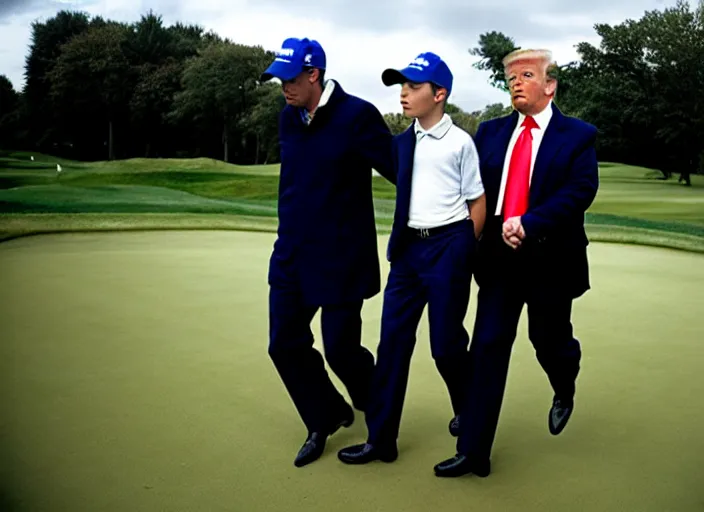 Image similar to criminal Donald Trump taken away by two young FBI agents at golf course, photo by Alex Webb