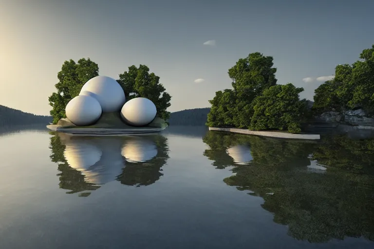 Prompt: a building formed by the intersection and fusion of many multi - white spherical and egg - shaped spaces. on the calm lake, people's perspective award winning, highly detailed 4 k art, dusk, unreal engine highly rendered, global illumination, radial light, internal environment by kazuyo sejima