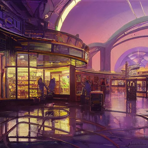 Prompt: painting of syd mead artlilery scifi organic shaped convenience store with ornate metal work lands on body of water, fossil ornaments, volumetric lights, purple sun, andreas achenbach