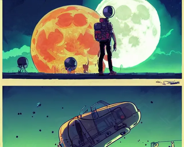 Image similar to a study of cell shaded cartoon huge limosuine, in front of a big moon, illustration, wide shot, muted colors, post grunge, concept art by josan gonzales and wlop, david rubin, mike mignola, laurie greasley, highly detailed, sharp focus, trending on artstation, hq, deviantart, art by artgem