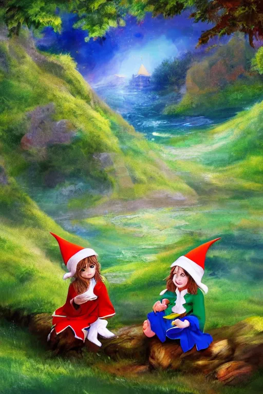 Image similar to a splash painting of a cute elf and dwarf sitting on the edge of a hill, beautiful nature, beautiful landscape