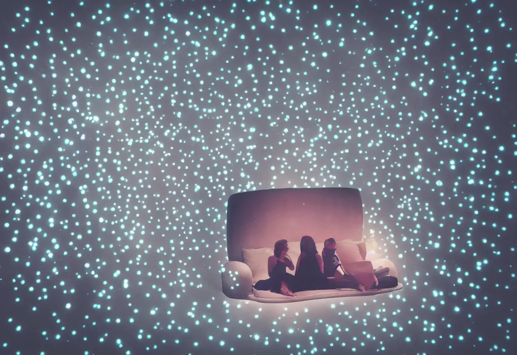 Image similar to 3 d floating people dream popping out of curved movie screen, volumetric lighting, bedroom, sleeping, pair of keycards on table, bokeh, creterion collection, shot on 7 0 mm, instax