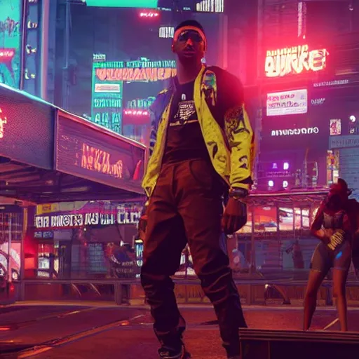 Image similar to 2 1 savage preforming on a stage in front of a crowd in cyberpunk 2 0 7 7, gameplay screenshot, detailed